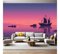 Cartoon Style Panoramic Mural Wallpaper 390 x 260 cm Sailing Boat at Sunset on The sea Wall Mural Non-Woven Art Print Wallpaper Living Room Bedroom Sofa TV Backdrop Decoration Poster Picture Photo