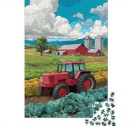 Cartoon Style Rätsel Für Erwachsene |Red Tractor Driving through A Green Lettuce Field| Familienspaß-Puzzles 38x26cm/1000pcs Erwachsene