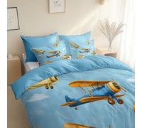 Cartoon Style Retro Airplane Duvet Cover Set Single 135 x 200 cm - 3 piece Bedding for All Seasons Light Blue Duvet Cover, with 2 Pillow Shams Hypoallergenic