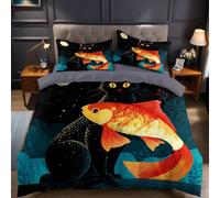 Cartoon Style Single Bed Duvet Cover Set Cat and Koi under the Moon Bedding Sets Girls Boys Kids Soft Easy Care Bed Microfibre Quilt Cover 135x200 cm with Pillow Case