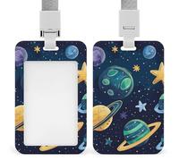 Cartoon Style Space Retractable ID Badge Holder with Lanyard - Vertical Badge Reel,Keychain Clip,Name Tag Id Card Holder Protector for Nurse Officer Teacher Security Staff Women Men