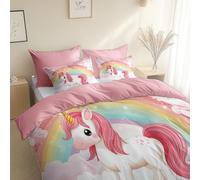 Cartoon Style Unicorn Stars Duvet Cover Super King 260 x 220 cm, with 2 Pillowcases, Rose Pink Ultrasoft Hypoallergenic Quilt Easy Care, Washable - Reversible Design For All Seasons