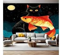 Cartoon Style Wall Mural 250 x 180 cm Cat and Koi Under The Moon Non-Woven Art Print Wallpaper Mural for Walls Living Room Bedroom TV Background Boys Girls Kids Rooms Decoration