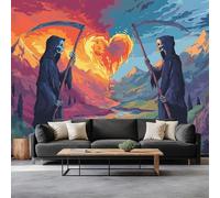 Cartoon Style Wallpaper Mural Grim Reaper Mountain Range Heart Effect Wall Mural, Non-Woven Print Photo Wallpaper for Bedroom Living Room Kitchen Office Kids Decor 500 x 280 cm