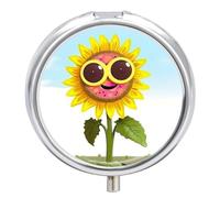 Cartoon Sunflower Pill Box 3 Compartment Portable Round Pill Organizer Leak-Proof Lightweight Daily Compact Travel Pill Case for Vitamins Supplements Medication