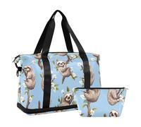 Cartoon Sweet Sloth Blue Foldable Large Bag Carry On Shoulder Weekend Tote with Toiletry Bag for Business Trips