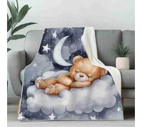 Cartoon Teddy Bear Lightweight Travel Blanket, Soft Plush Fantasy Night Sky Flannel Throw for Camping, Portable Fuzzy Celestial Moon Kids Blanket for Couch Sofa, for Adults 130x150 cm