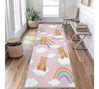 Cartoon Teddy Bear Runner Rug 66 x 200 cm Long Washable, Rainbow Clouds Runner Rug for Hallway Non Slip Carpet, Kitchen Entryway Hall Bedroom Decor, Soft Low Pile j&212