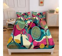 Cartoon Tennis Racket Fitted Sheet 180×200 Cm, Hotel Quality Sports Elements Ultra Soft & Breathable Brushed Microfiber Deep Pocket 30 Cm, Cooling Fitted Sheet For Super King Bed (Mixed Colors)