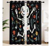 Cartoon Theme Curtains 100% Blackout, Black Windows Drapes, Insulated Thermal Eyelet Blackout Curtains Skulls Botanical Day Of The Dead Dark Humour Home Decor W 55" x L 102"