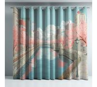 Cartoon Thermal Insulated Curtains Microfiber,Blue Pink Soft City Cherry Blossom Tree Heat Blocking Blackout Drapes Lightproof For Bedroom,52 x 63 Inch Drop 2 Panels