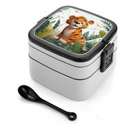 Cartoon Tiger Bento Box with Spoon & Handle - 2 Compartment Leak-Proof Stackable Lunch Box for Adults, BPA-Free Reusable Food Containers for Work, Travel, Picnic