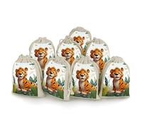 Cartoon Tiger Bunches Pocket Cotton And Hemp with Drawstring 8 Pieces Reusable Gift Bags Jewelry Pouch for Wedding DIY Craft Party (4.9 X 6.7 Inch)