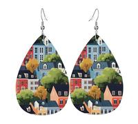 Cartoon Town Print Earrings for Women, Fashion Teardrop Leather Earrings for Women Trendy, Colorful Tear Drop Earring Jewelry