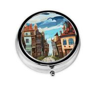 Cartoon Town Print Pill Box 3 Compartments Round Pill Organizer Metal Waterproof Portable Pill Case for Pocket or Purse Vitamin/Fish Oil/Pills/Supplements