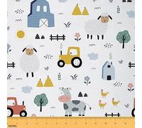 Cartoon Tractor Fabric by The Yard Cute Sheep Cow Chick Farm Animal Fabric for Kids Sewing Lovers Lovely Wild Trees Rustic Farmhouse Style Fabric for Room Decor and DIY Upholstery 1 Yard