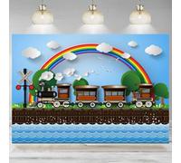 Cartoon Train Backdrop Photography Railroad Steam Train Blue Sky Rainbow Flower Ocean Background Birthday Party Decor Banner 210X150cm