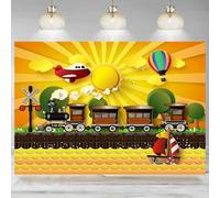 Cartoon Train Photography Railroad Steam Backdrop Airplane Hot Air Balloon Boat Background Train Theme Party Decoration Banner 210X150cm