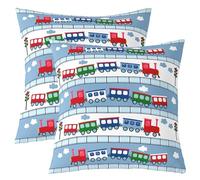 Cartoon Trains Throw Pillow Covers 16"x16" Set of 2 Kids Boys Train Cushion Covers for Couch Sofa Red Blue Colorful Decorative Pillowcases Chic Striped Check Outdoor Pillows Covers