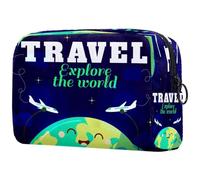 Cartoon Travel Explore The World Airplane Cosmetic Bag for Women, Travel Toiletries Bags Large Makeup Handy Pouch Organiser Bag with Zipper
