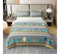 Cartoon Tree 100% Cotton Duvet Cover Set Single Size,Abstract Geometric Plaids Bedding Set 2pcs,Modern Simple Nature Art Quilt Cover,Gray TealKids Boys Girls Room Decor,1 Pillowcase,No Comforter