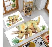 Cartoon Triceratops Dinosaur 2 Pieces Kitchen Floor Mats Rugs, Animal Theme Kitchen Rugs Non Slip for Decoration, 40x60+40x120cm Door Mats for Hallway Dining Room and Entryway - Yellow-Green