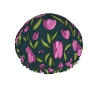 Cartoon Tulip Flower Printed Double-Layer Shower Cap, Reusable Shower Cap, Suitable For Various Hair Lengths