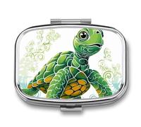 Cartoon Turtle Pattern Pill Box 2 Compartment, Portable Pill Case with Mirror for Pocket Purse Travel, Mini Metal Medicine Organizer for Vitamins Fish Oil