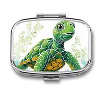 Cartoon Turtle Pattern Pill Box 2 Compartment - Small Metal Medicine Organizer Portable Pill Case for Purse Pocket Travel Vitamin Organizer for Men Women, BPA-Free