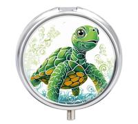 Cartoon Turtle Pattern Travel Pill Box Case 3 Compartment Cute Pill Organizer Metal Pill Holder with Mirror Small Medicine Organizer Daily Pill Container for Purse Pocket Portable Meds Box