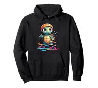 Cartoon Turtle with Helmet on Skateboard Illustration Pullover Hoodie