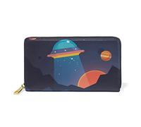 Cartoon UFO Space Earth Spaceship Wallet Real Leather Zipper Coin Phone Purse Clutch for Women