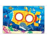 Cartoon Underwater World Backdrop 5 x 3.3 ft, Submarine Face in Hole Selfie Photo Prop, Seabed Whale Photography Background, Undersea Submarine Birthday Party Decoration Kids Face Cutout Photo Props