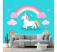 Cartoon Unicorn Donut Print Photo Wallpaper, Color Neon Lights Non-Woven Wall Mural, Decoration Poster Picture Design Mural for Living Room Kids Bedroom