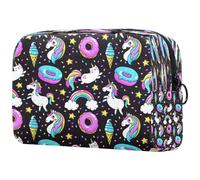 Cartoon Unicorn Donut Rainbow Star Black Cosmetic Bag for Women, Travel Toiletries Bags Large Makeup Handy Pouch Organiser Bag with Zipper