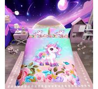 Cartoon Unicorn Kids Duvet Cover Double Size,Rose Flowers Butterfly Leaves Bedding Set,Girls Women Room Decor,Starry Sky Unicorn Cute Comforter Cover,Pink Purple Romantic Quilt Cover,2 Pillowcases