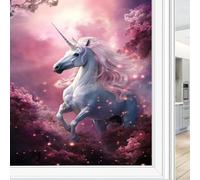 Cartoon Unicorn Stained Glass Window Film Fantasy Flower Cute Animal Colorful Privacy Window Film Glass Door Covering Non-Adhesive Window Stickers for Bathroom Kitchen 45 x 60 cm