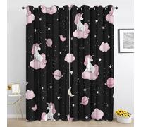 Cartoon Unicorn Thermal Curtains, Outer Space Planet Moon Star Cloud Blackout Curtains, Drapes for Bedroom Living Room Home Decor, Eyelet Window Curtain 2 Panels 50 x 90 Inch Drop