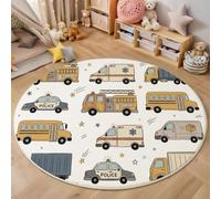 Cartoon Vehicle Round Rugs 60cm, White | Washable Soft Low Pile, Non-shedding, Fire Truck Ambulance Police Car Circle Area Rug with Non-slip Backing for Kids Bedroom, Playroom and Reading Corner