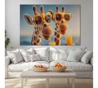 Cartoon Vintage Animal Giraffe Beach Modern Framed Canvas Wall Art 90L x 60W cm, Sky Blue Large Giclee Prints Ready to Hang for Living Room Bedroom Office Decor - Wrapped Wood Frame
