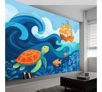 Cartoon Wallpaper Murals 200W x 140H cm Photo Poster, Ocean Animals Fish Sailing Boat Wall Mural Photo Wallpaper - Wall Art for Living Room Bedroom Children's Room Corridor Game Room