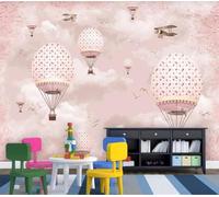 Cartoon Warm Pink Hot Air Balloon Bird Bird Plane 3D Wallpaper Silky Texture Home Study Office Grey Dining Room Sofa Bedroom Living Room TV Backdrop-400cm×280cm