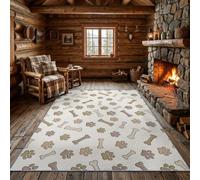 Cartoon Washable Area Rug Non-Slip Beige 160 x 230 cm | Minimalist Bones Paw Prints Rug Cleanable Soft Short Pile Floor Carpet for Lounge Bedroom Office