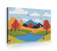 Cartoon Watercolor Canvas Wall Art Decor Fall Foliage Mountain River Scene Canvas Posters Seasonal Home Decoration for Living Room Dorm 40x60cm Innerframe