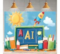 Cartoon Watercolor School Photo Backdrop Big Sun Rocket ABC Letters Chalkboard Classroom Decorations Background First Day of School Homecoming Children Photo Wallpaper (A, 7X5FT)