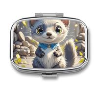 Cartoon Weasel Pill Box 2 Compartment Square Metal Pill Organizer Portable Mini Travel Medicine Case with Mirror Cute Medicine Container Holder for Pocket Purse