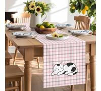 Cartoon White Black Cute Kitty Table Runner 120 Inches Long, Pink White Plaid Washable Table Runners Heat-Insulation Kitchen Dining Table Decorations for Home Party Decor 13x120in