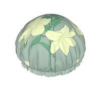 Cartoon white lilies Printed shower cap, reusable, specially designed for women's long hair, double-layer structure, suitable for bathing.