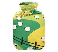 Cartoon White Sheep Green Yellow Farm Water Bottle for hot Water with Soft Cover, 2L Warmer Bag for Menstrual Cramps, Menstrual Cramps, Bolsa Caliente para Dolores musculares