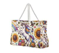 Cartoon White Unicorns Sunflower Sandproof Women Tote Bags with Side Pocketes Laptop Tote Bag for Pool Gym Grocery Travel